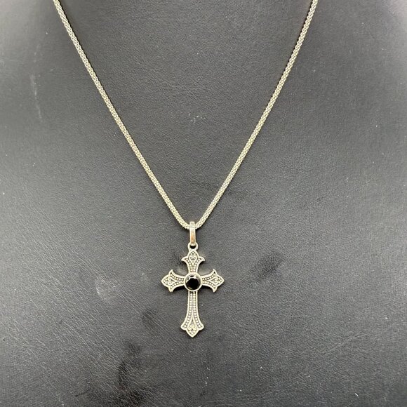 D’joy 925 Sterling Silver Black Crystal Cross Pendant Chain Necklace Italy - Picture 1 of 6